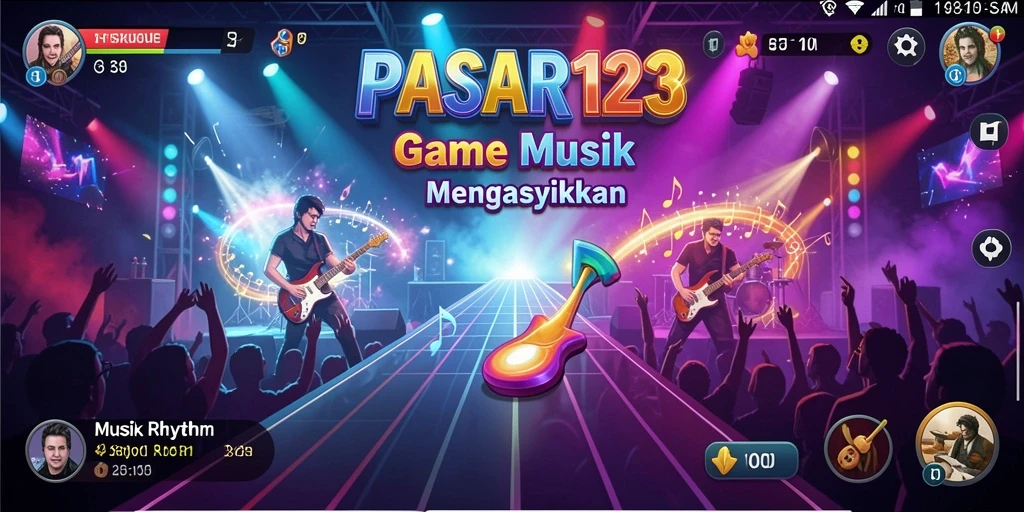 Antarmuka pengguna PASAR123 menampilkan elemen game Musik Rhythm yang menarik.